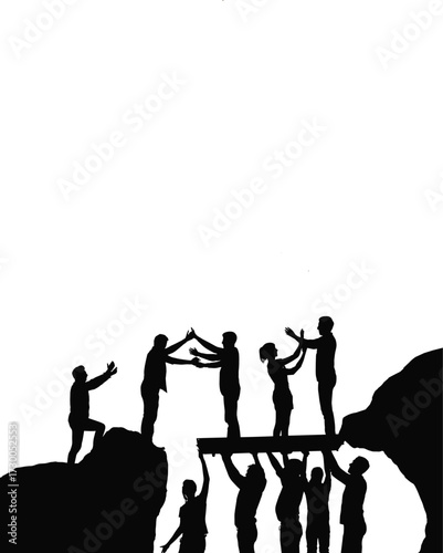 Silhouette, teamwork, cliff gap, helping hand, support, unity, cooperation, trust, challenge, leadership, bridge, success, people, effort