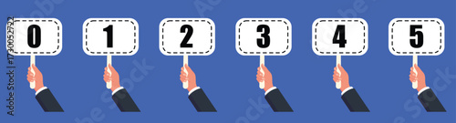 Hands holding score cards from zero to five for rating and voting vector illustration

