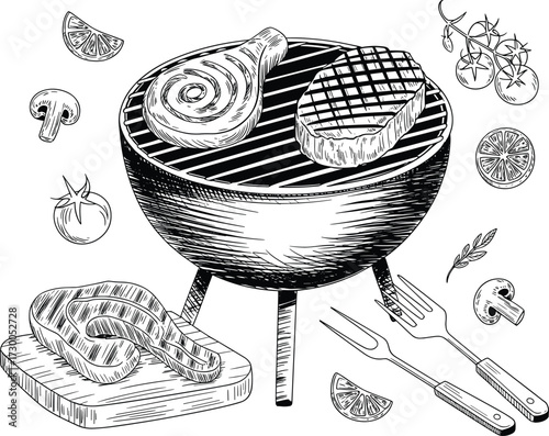 Barbecue sketch, grill illustration, meat cooking, charcoal grill, summer food, black and white, BBQ tools, herbs, tomatoes, mushrooms, steak, chop