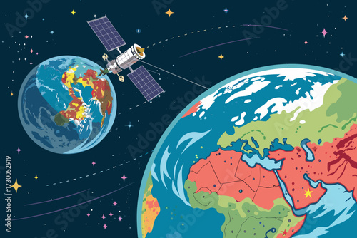 Dynamic Satellite Orbiting Glowing Earth Bold Space Expl Premium Digital Asset