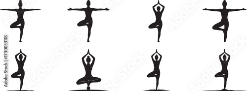A group of Female yoga pose silhouette vector, black and white silhouette vector illustration