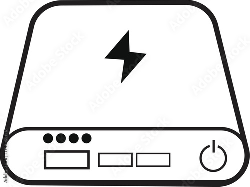 Portable Power bank Icon minimalist black and white battery charger symbol with power button and lightning bolt
