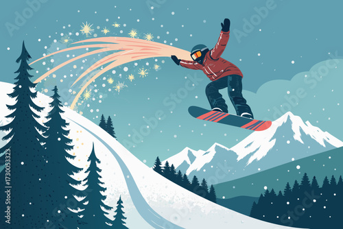 Depicting Snowboarder Jumping Air With Glowing Trail Vibrant High-Quality Stock Image