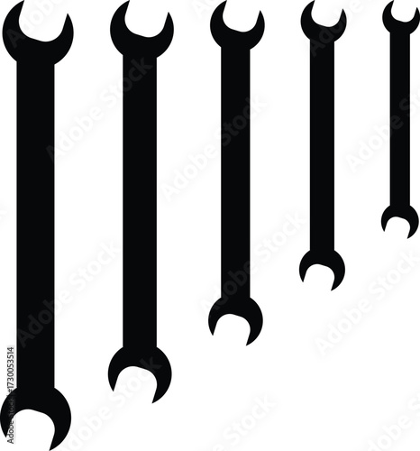 Mechanical tool set vector illustration black silhouette of open end wrenches for construction auto repair and industrial work
