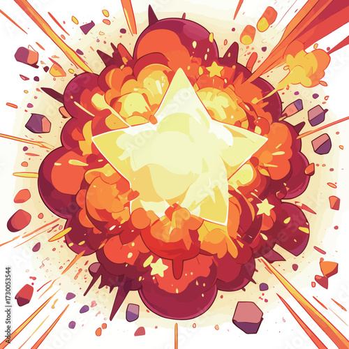 A vibrant explosion has erupted with a central golden star, surrounded by orange and red bursts of energy. The scene conveys excitement and power through vivid colors.