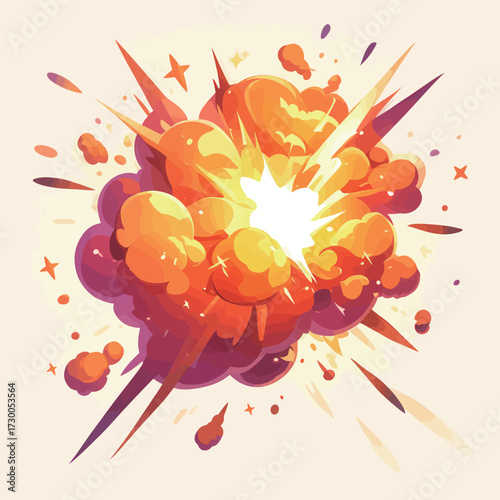 A vibrant explosion fills the scene with bright orange and yellow colors, emitting sparks and smoke. The dynamic display captures action and intensity vividly.