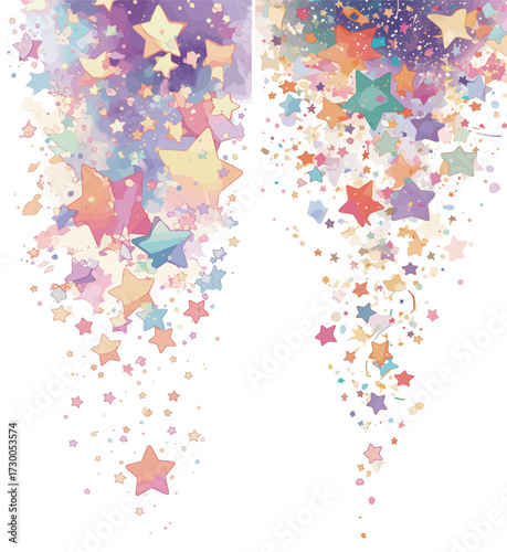 A vibrant scene filled with an array of colorful stars in pastel shades cascading down. The background features a blend of soft colors creating a dreamy atmosphere.