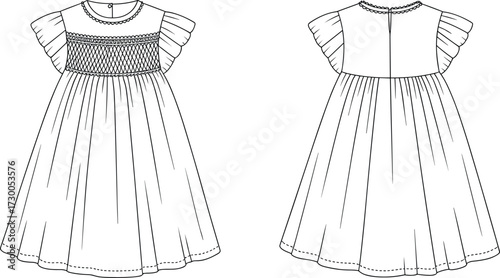 Child dress flat, fashion technical sketch, front and back view, smocked bodice, flutter sleeves, embroidered detail, gathered skirt, sewing pattern, apparel