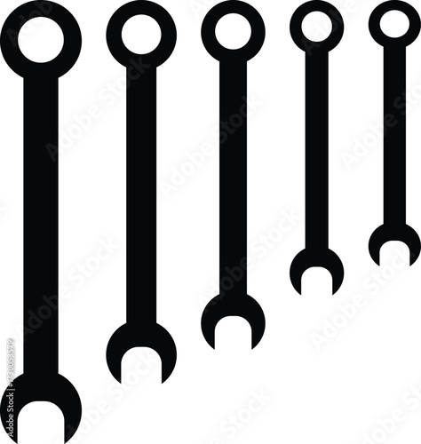 black silhouette of combination wrenches repair and maintenance tools