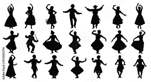 Vector illustration of vector art of silhouette of people dancing, showcasing various dance styles and poses in a dynamic and expressive manner, perfect for cultural or artistic themes