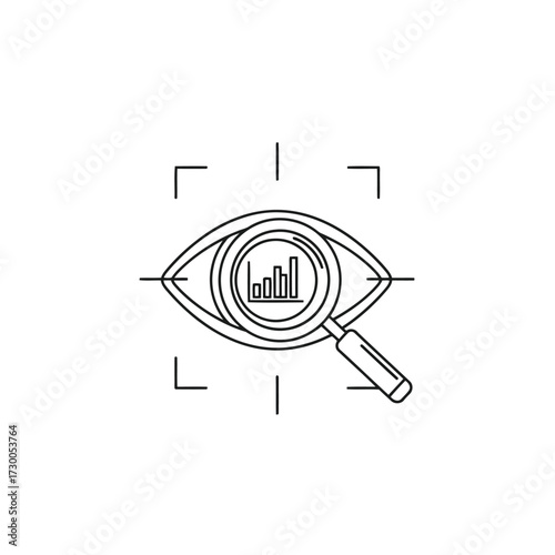 Vector illustration of vector art of eye with magnifying glass, focusing on a bar graph, symbolizing data analysis, vision, and insight in a minimalist design