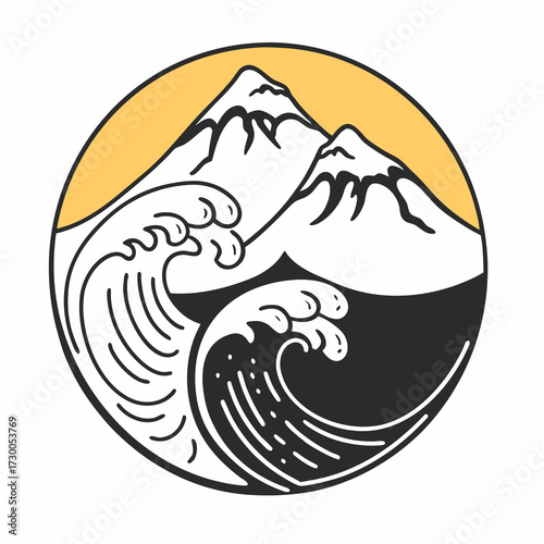 Mountain and ocean fused in duality, bold line art with dynamic wave and serene peak contrast