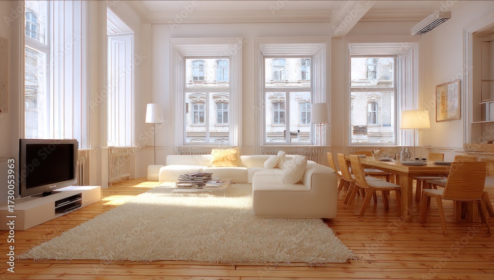 Fototapeta premium A spacious, light-filled living area with a large dining room, showcasing a modern interior design.