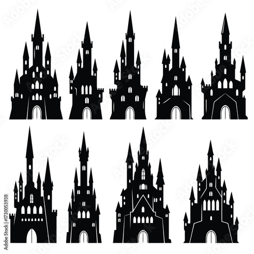 Vector illustration of vector art of collection of spooky castle silhouettes perfect for halloween designs, fantasy themes, or fairytale illustrations, offering a variety of architectural styles