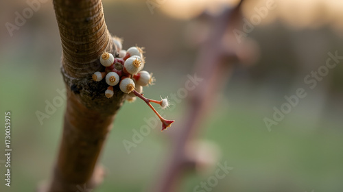 vista macro di germogli su un ramo sottile di un albero, in novembre, con sfondo sfuocato e dai colori chiari