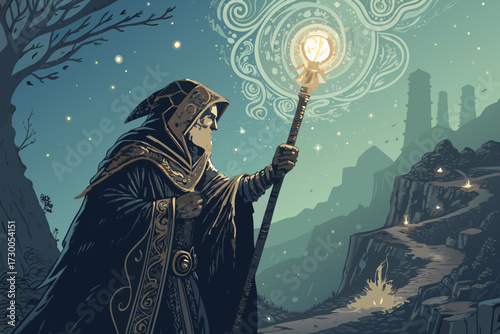 Beautiful Sorcerer Holding Glowing Staff Bold Fantasy Vect Premium Digital Asset
