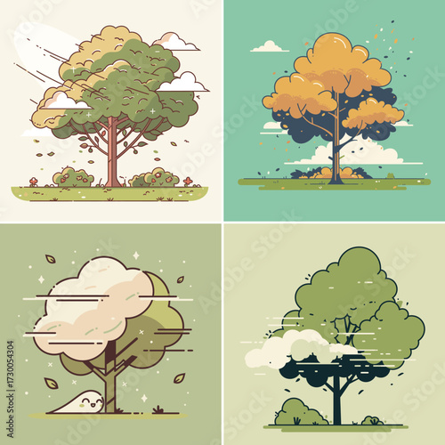 This artwork showcases four trees illustrating different seasons. Each tree displays unique colors and elements that reflect the seasonal changes in nature.