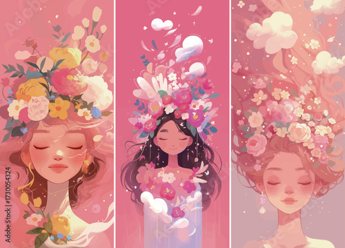 Three women with closed eyes, each adorned with colorful floral headpieces, display serene expressions. Soft pink hues and delicate flowers create a dreamy atmosphere.