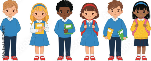 Cartoon children in school uniforms, diverse students holding books and backpacks, education illustration, happy kids learning, classroom vector design