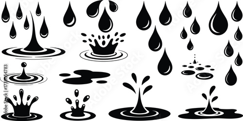 Water droplet, splash silhouette, ripple effect, liquid impact, falling drop, crown splash, abstract design, black and white, fluid motion, surface tension,