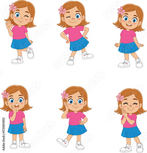 Cartoon cute little girl character, different poses and facial expressions, smiling child illustration, playful kids drawing, happy childhood concept design
