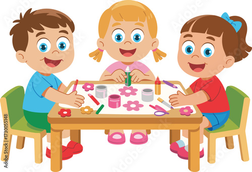 Children doing art and craft, happy kids creativity, cartoon illustration of school activity, teamwork, learning, drawing, fun classroom, preschool education.
