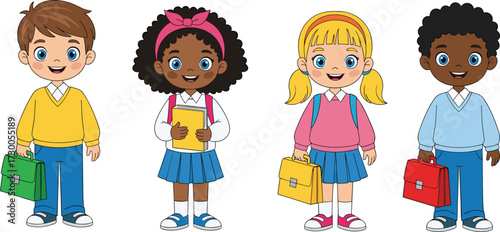 Cartoon school children illustration, diverse kids with books and bags, happy students characters, education concept, classroom learning, cute vector design