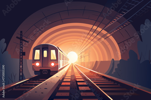 Showcasing Subway Train Entering Glowing Tunnel Bold Vibrant Creative Visual
