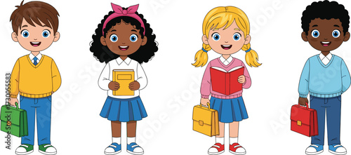 Group of happy school children cartoon illustration, diverse kids holding books and bags, education concept, students characters, learning, vector design