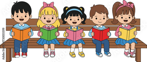 Group of cartoon children reading books on wooden bench, happy students studying outdoors, diverse kids learning together, cute education illustration