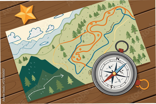 Crisp Trail Map And Compass Wooden Table Bold Campi Premium Digital Asset