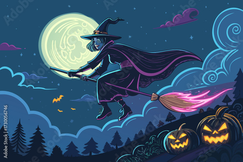 Witch Flying Broom With Neon Glow Bold Premium Digital Asset Ideal for Marketing