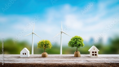Sustainable energy concept with wind turbines miniature houses