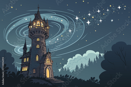 Wizard Tower Glowing Night Sky Bold Fantasy High-Quality Stock Image Great for Commercial Projects