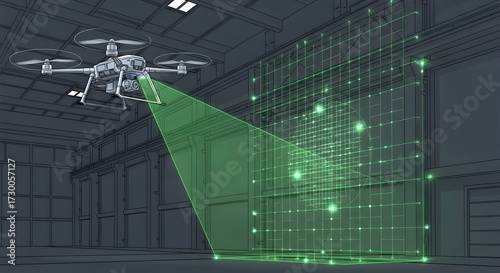 Building inspection using a drone and laser scanner in a warehouse Futuristic scanning technology