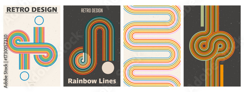 Retro striped poster set. Abstract geometric background with colorful lines. Vintage 70s style bg collection.