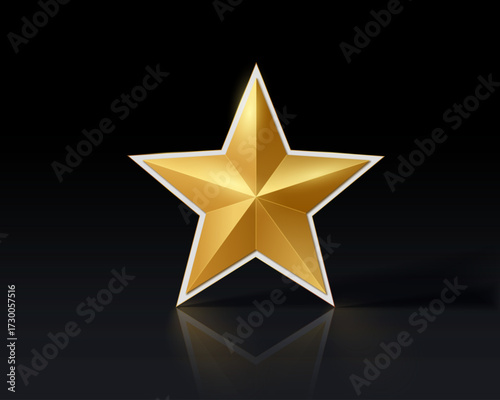 A golden realistic star on an isolated black background with reflection and shadows. Vector illustration.
