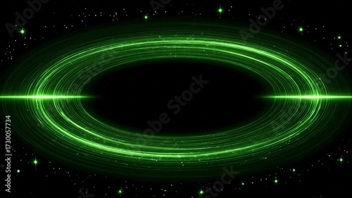 Abstract design featuring concentric green light trails on a black background.