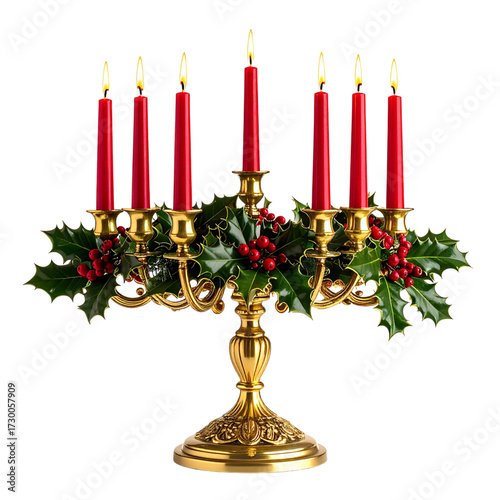 Elegant golden candelabra adorned with seven lit red candles, festive holly leaves, and bright red berries, set against a white background.