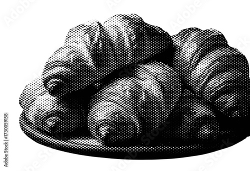 Halftone illustration of flaky croissants piled on a plate, vintage texture and warm tones.