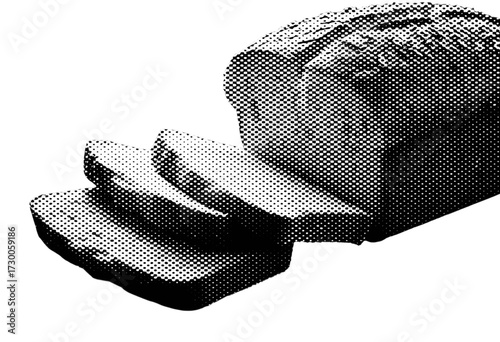Halftone illustration of braided bread loaf with three thick slices arranged in front, vintage texture.