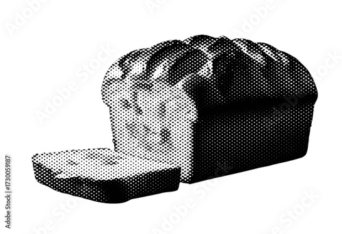 Halftone illustration of freshly baked braided bread with one slice cut and placed in front, vintage texture.