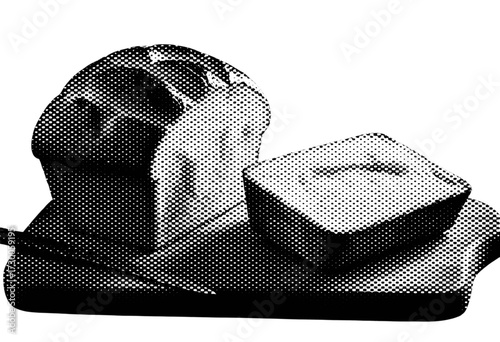 Halftone illustration of crusty bread loaf with smooth butter dish and knife on wooden cutting board.