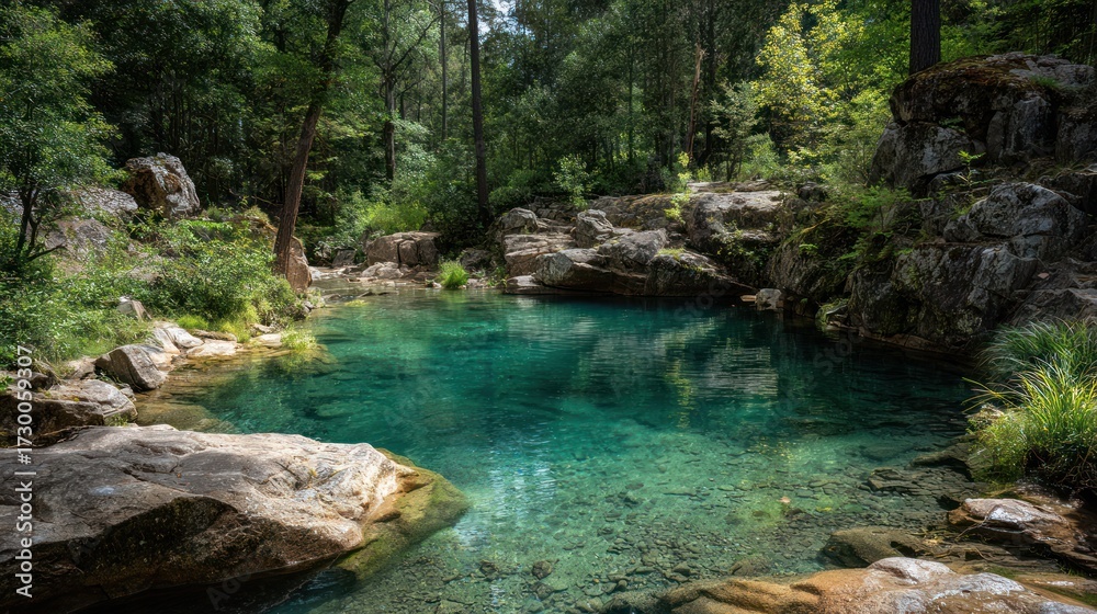 Naklejka premium Clear turquoise pond nestled amidst rocks and lush greenery within a verdant forest
