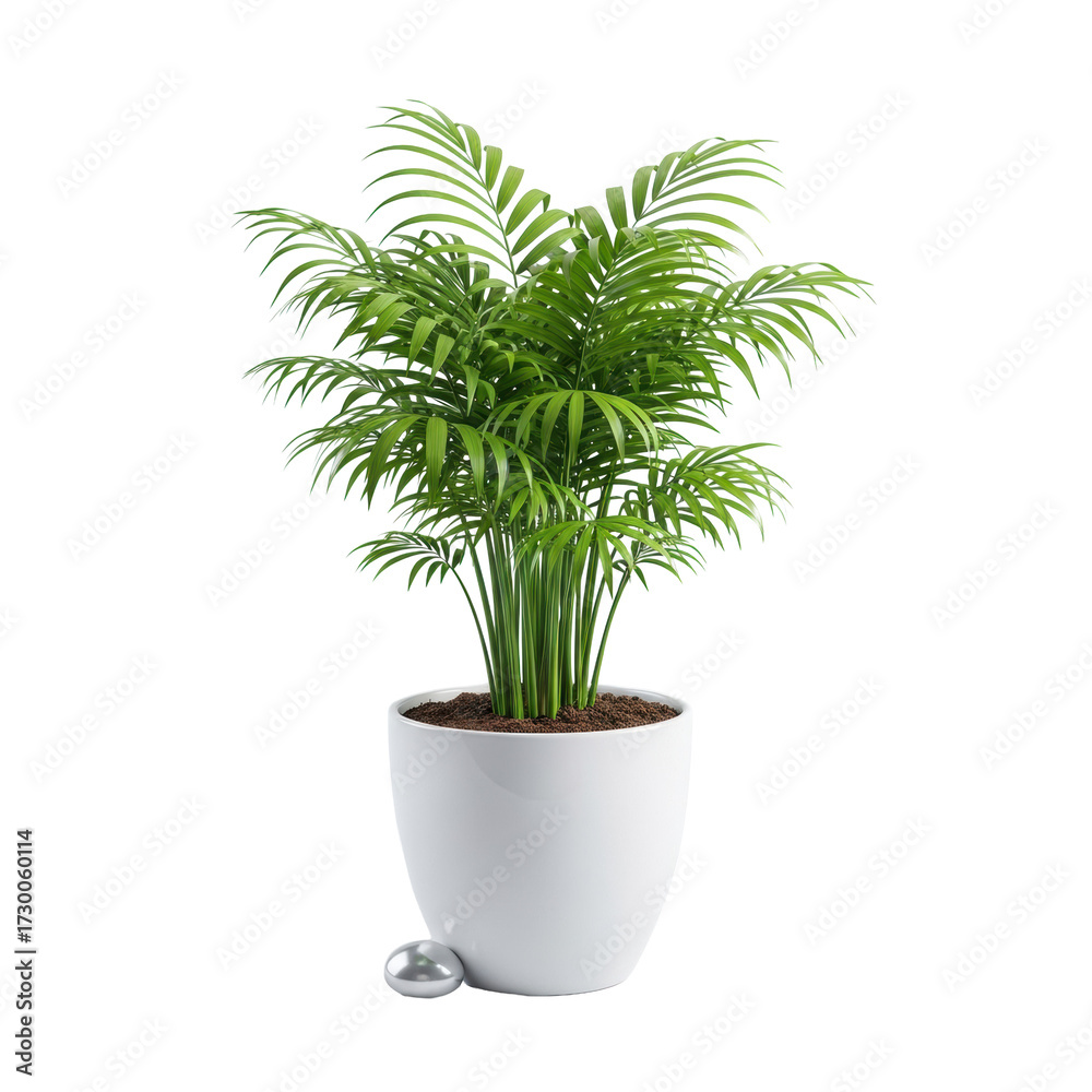 Fototapeta premium Lush green parlor palm, delicate fronds, in a sleek modern minimalist white ceramic planter with pebble, studio shot on transparent, shadowless, concept of modern botanical elegance