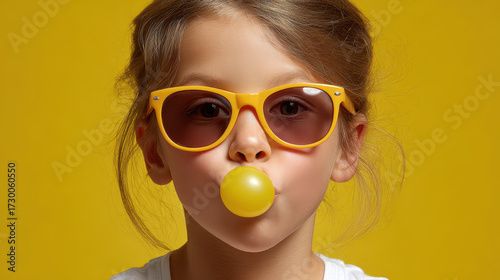 Young girl wearing yellow sunglasses blowing yellow bubble gum with yellow background, playful and colorful portrait