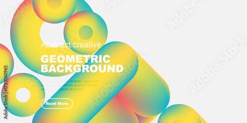 Vibrant overlapping circles create abstract geometric background. Text promotes further reading. Modern design, bright colors, simple shapes.