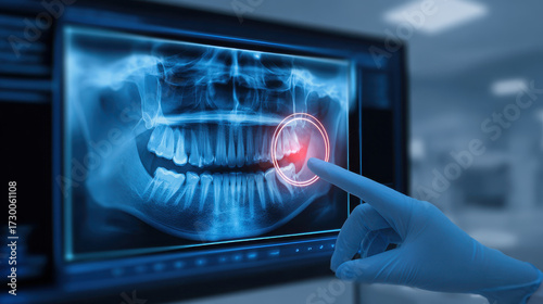 Dental x ray showing wisdom tooth pain highlighted with red circle and gloved hand pointing at it on screen
