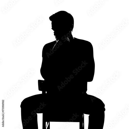 Vector art of silhouette of a thoughtful man sitting on a chair, contemplating or in deep thought, perfect for representing introspection and solitude