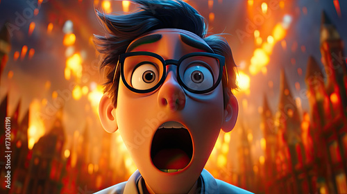 Surprised cartoon character with glasses, wide eyed in fiery background, expressing shock and fear. scene depicts chaos and destruction, creating dramatic